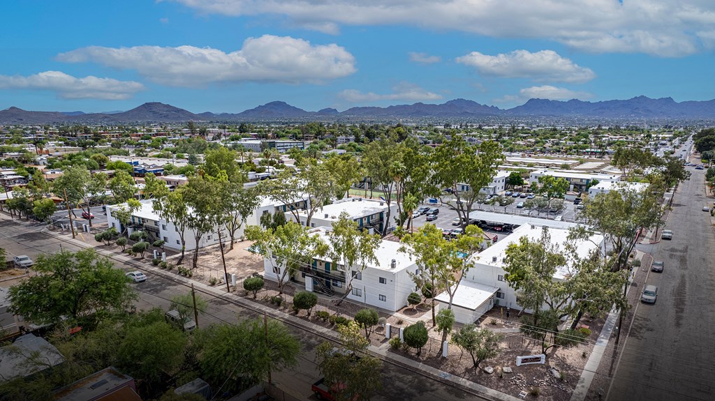 an aerial view of a city with trees and buildings