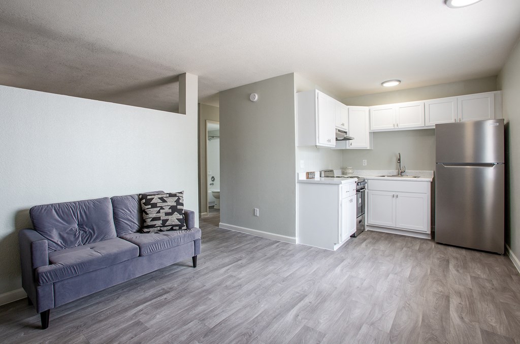 a living room with a couch and a kitchen with a refrigerator