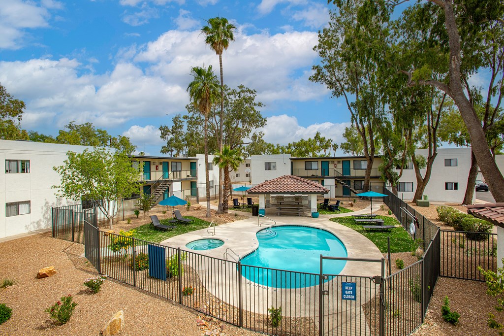 our apartments have a large swimming pool and a courtyard with trees