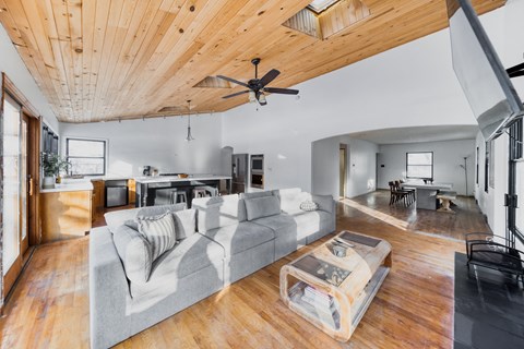 a living room with a couch and a ceiling fan