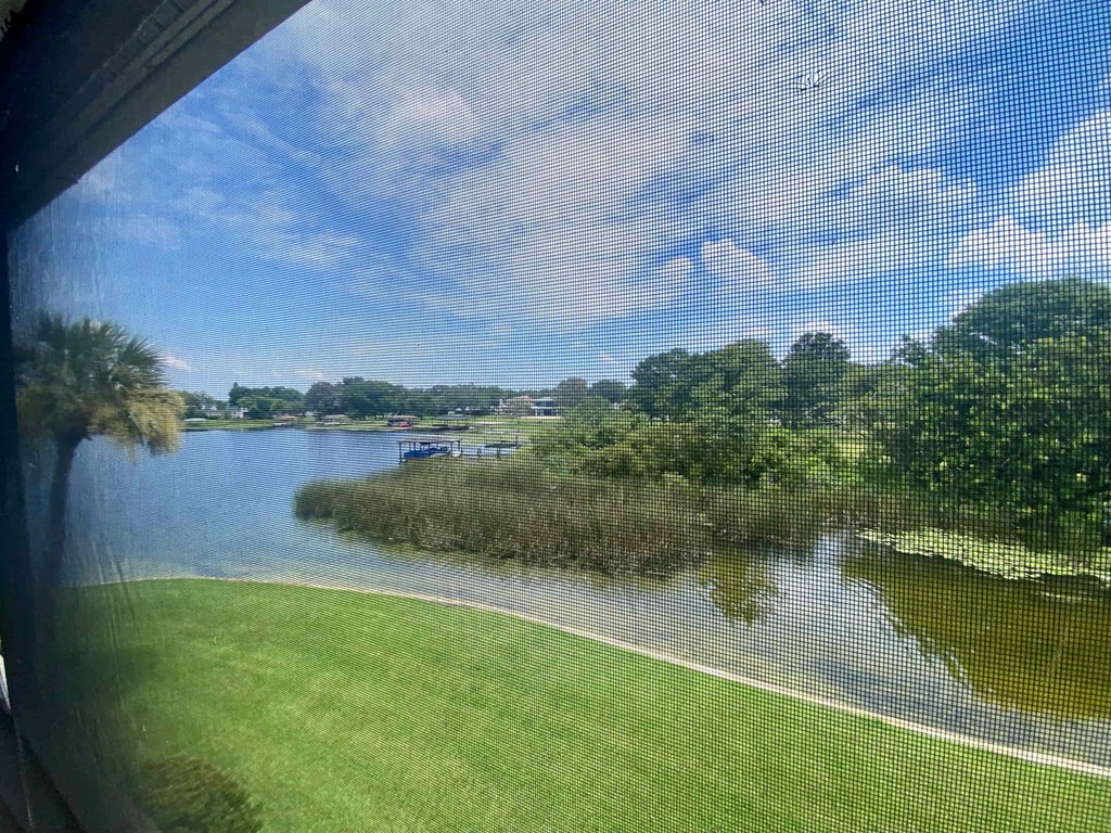 a view of a river from a window of a train
