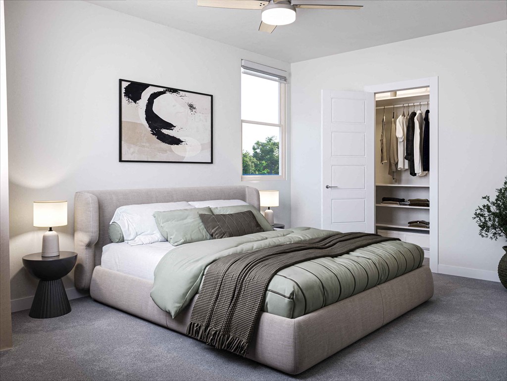 a bedroom with a bed and a closet