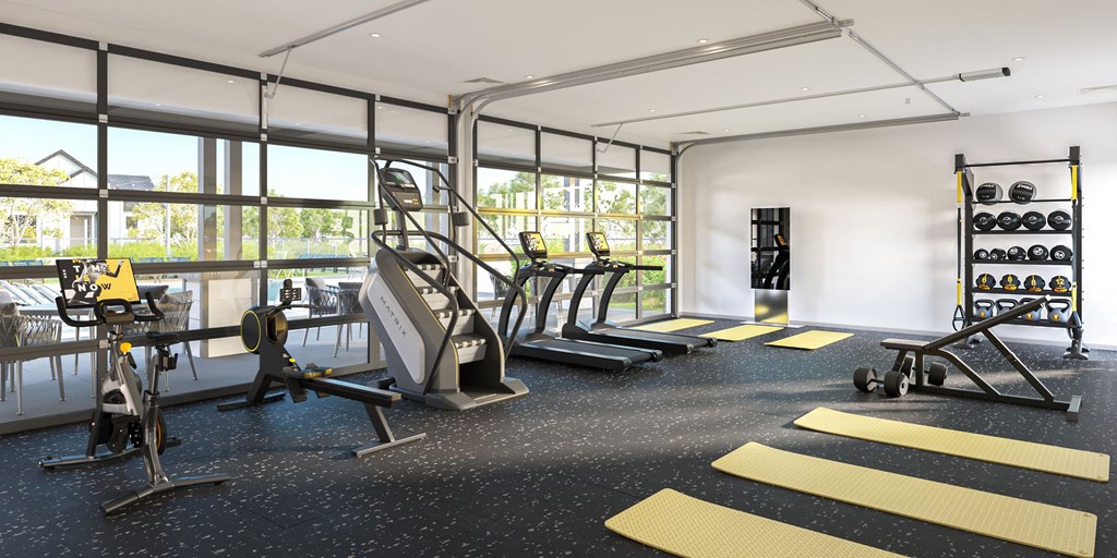 a gym with cardio machines and weights on the floor and large windows