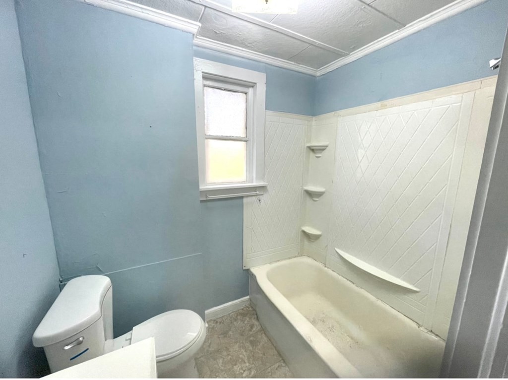 a bathroom with a toilet and a tub and a window