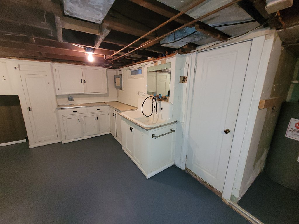 a kitchen with white cabinets and a sink
