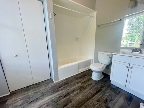 a bathroom with a toilet and a tub and a sink