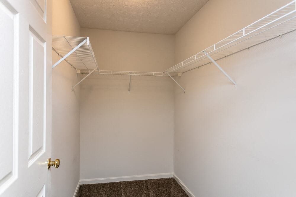 A white door is on the left of a room with a white ceiling and two white shelves.