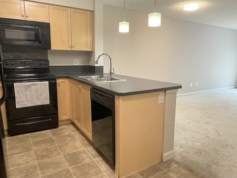 a kitchen with black appliances and a counter top