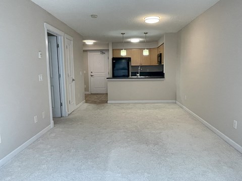 an empty living room with a kitchen in the background