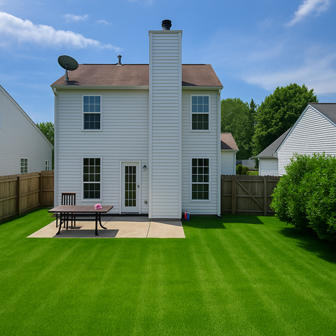 A white house with a brown roof and a green lawn in front.