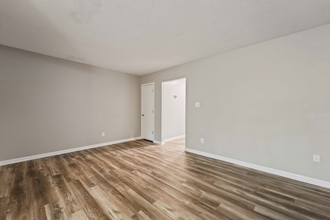 A room with wooden flooring and a white door.