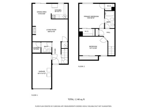 A floor plan for a home with two bedrooms, a living room, a garage, and a laundry room.