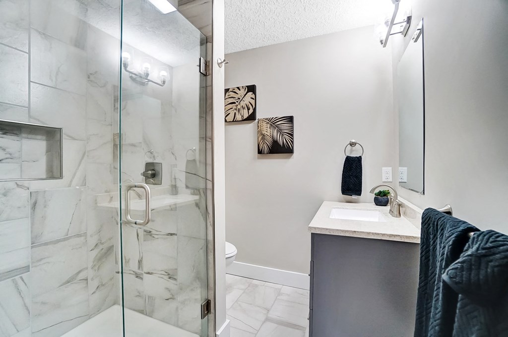 a bathroom with a shower and a sink and a mirror