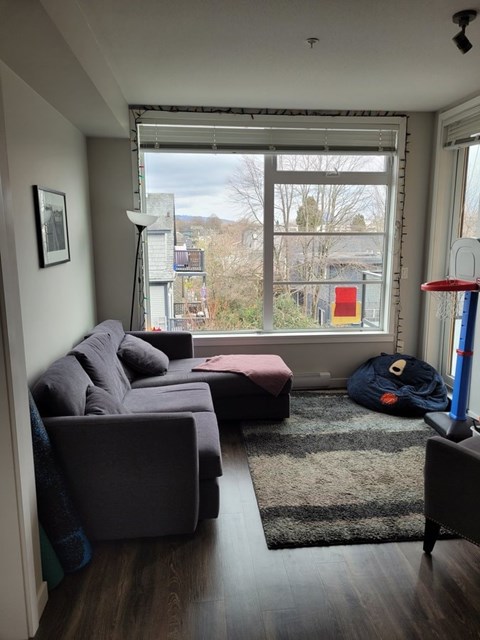 A living room with a grey couch and a rug in front of a large window.