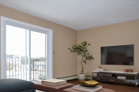 A living room with a television, a plant, and a book on the coffee table.