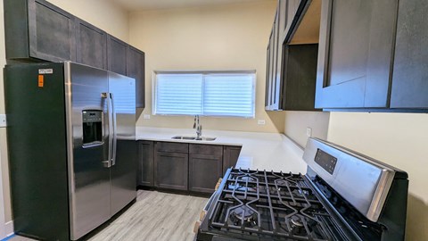 a kitchen with a stove and refrigerator and a sink