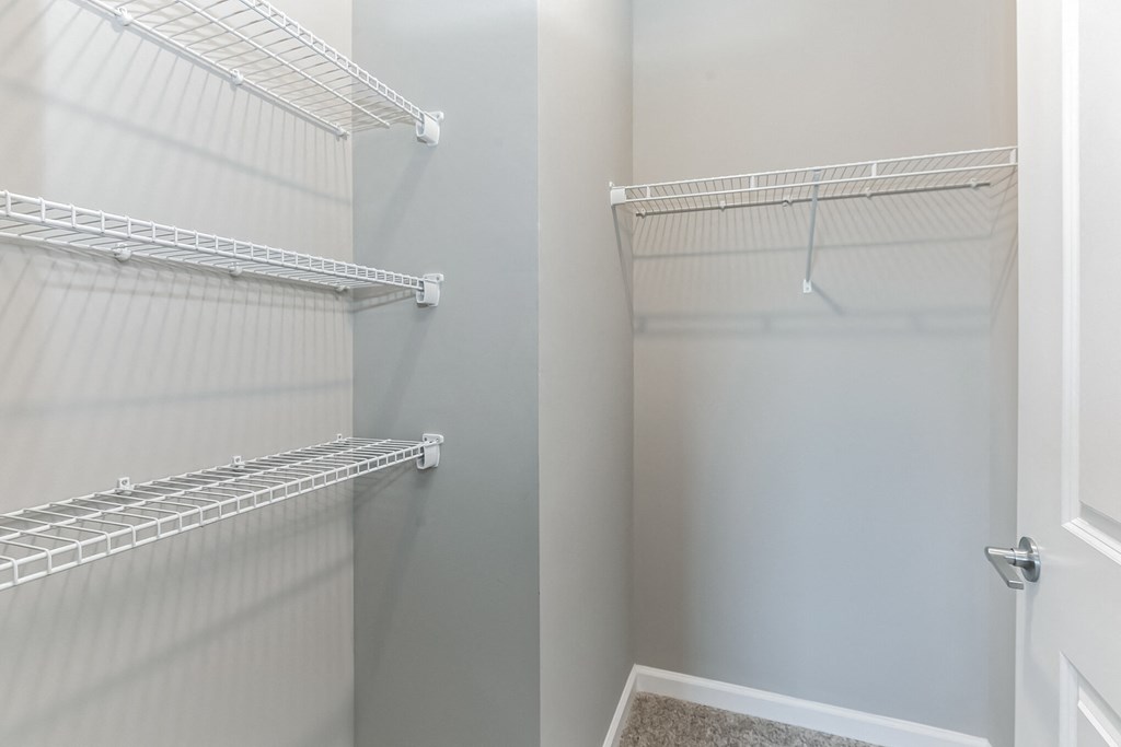 a walk in closet with shelves and a door