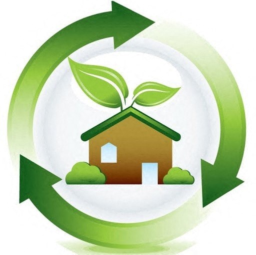 a green house with a green arrow around it