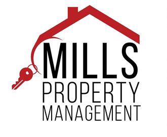 a logo for mills property management with a house key