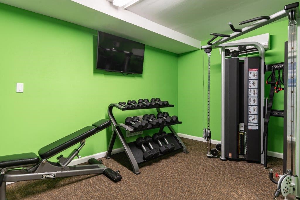 a gym with weights and a tv in a green wall