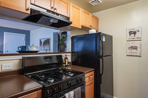 a kitchen with a stove and a refrigerator