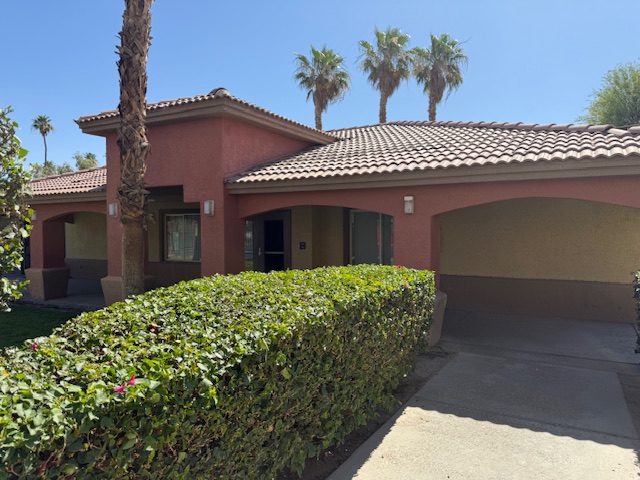 A red house with a palm tree in front.