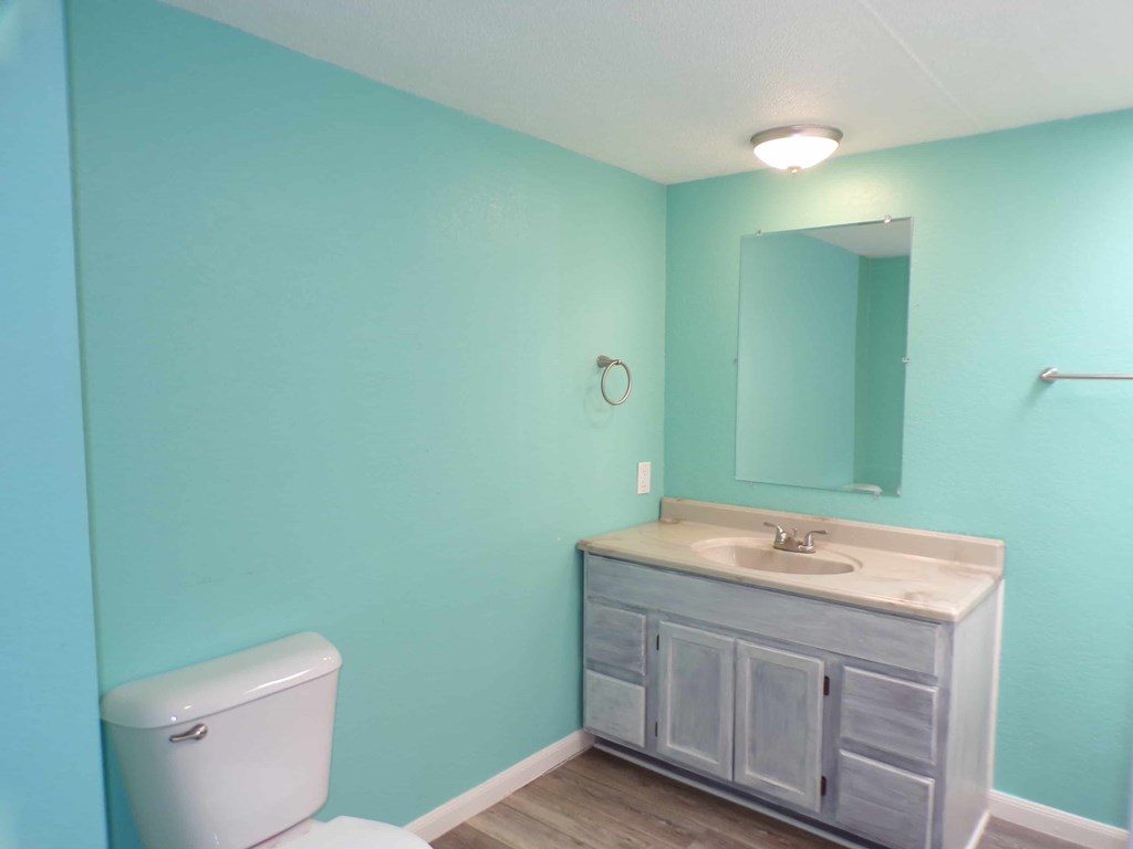 A bathroom with a toilet, sink, and mirror.