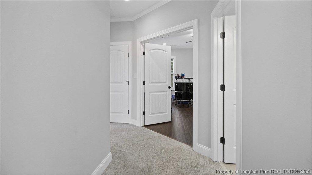 a living room with two doors and a hallway to a kitchen