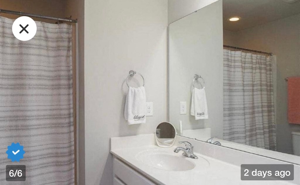 a bathroom with a sink and a mirror and a shower