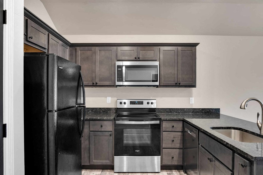 a kitchen with black appliances and a black refrigerator