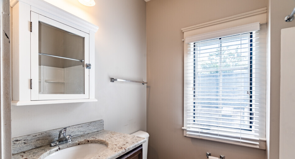a bathroom with a sink and a mirror and a window