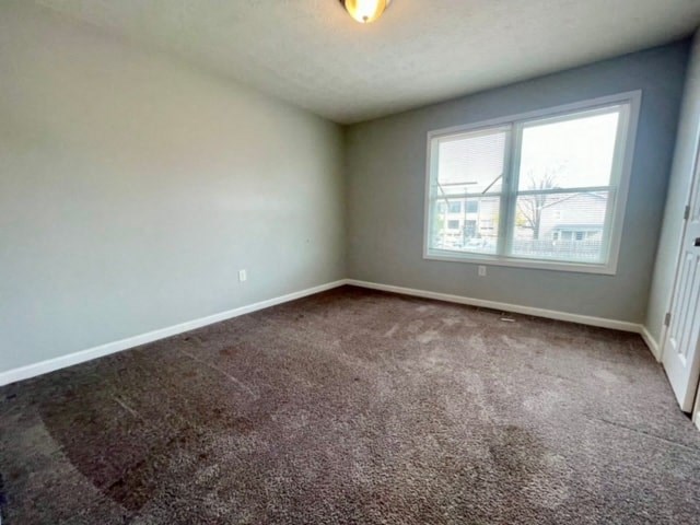 an empty living room with carpet and a window