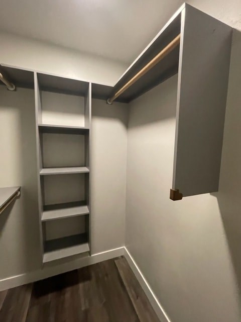 a walk in closet with shelves and a door
