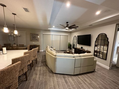 view of the living room and dining room from the kitchen