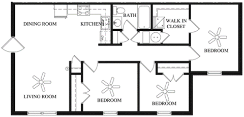 A floor plan of a house with a dining room, kitchen, living room, and three bedrooms.