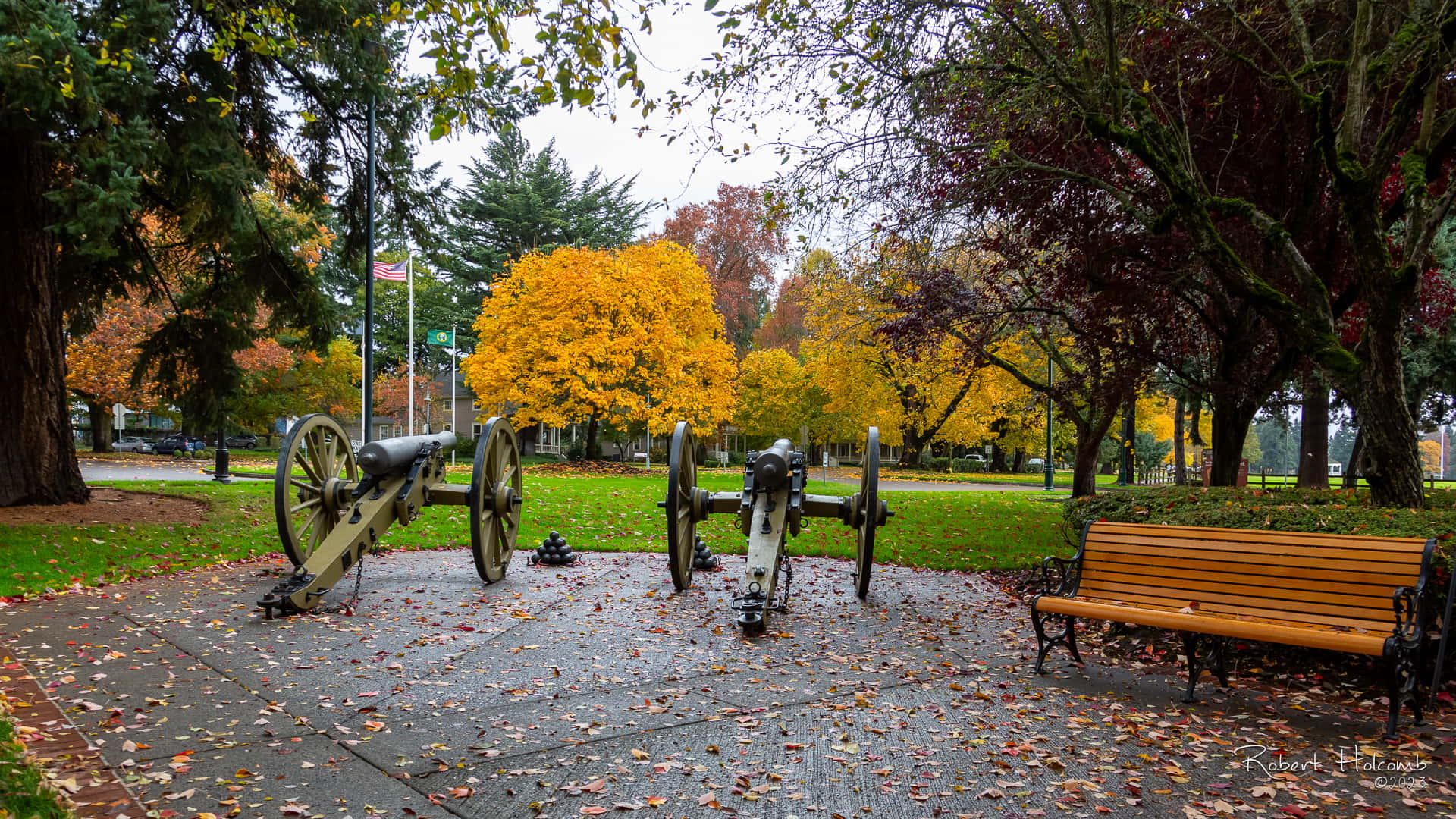 A park with cannons and a bench.