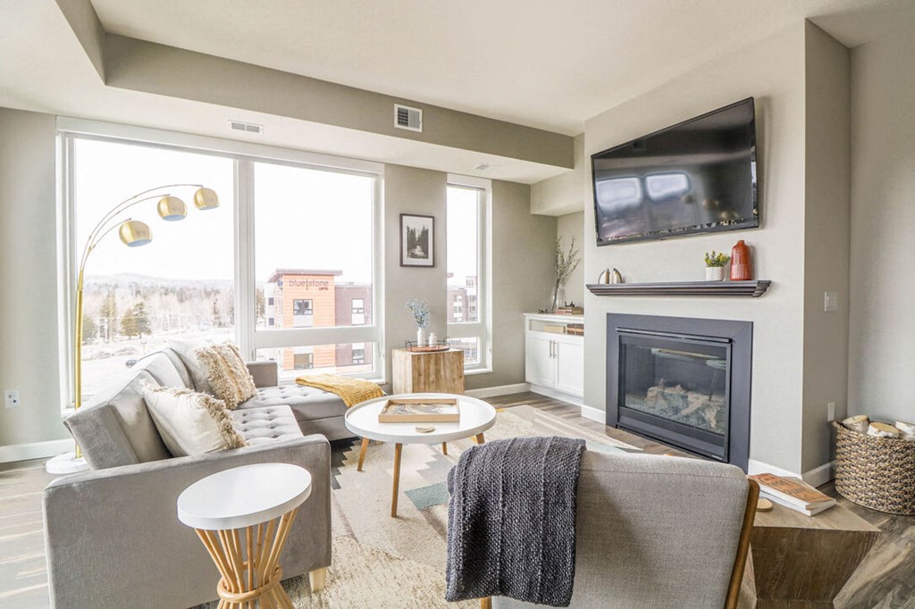 Living Room With Fireplace at Vue at Bluestone, Duluth, 55803