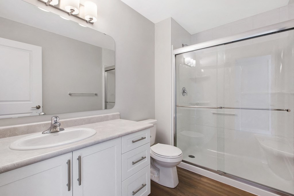 a bathroom with a sink toilet and a shower