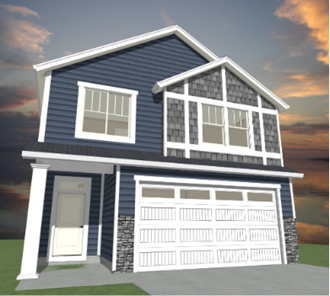 a computer generated image of a blue house with a white garage door