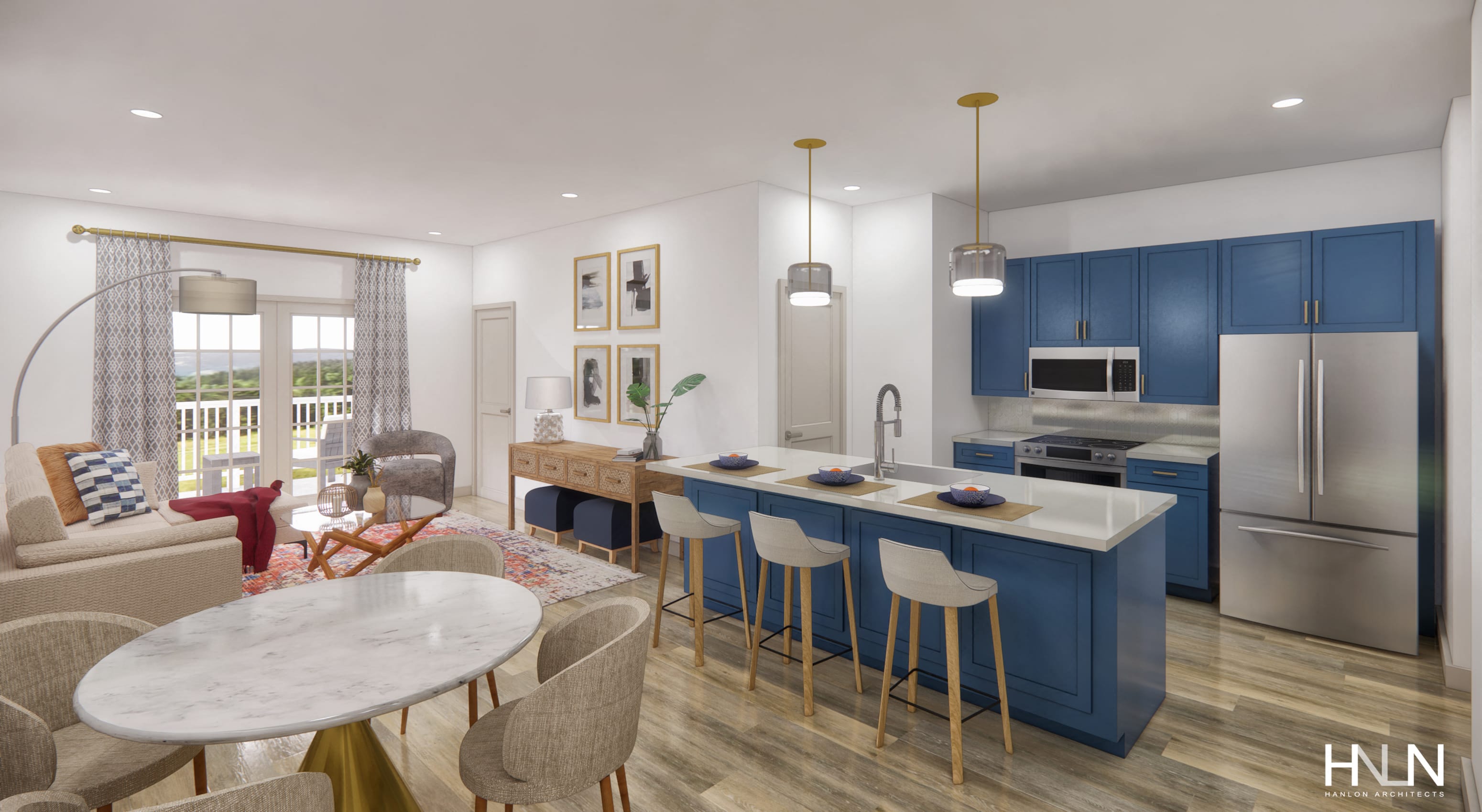 a kitchen with blue cabinets and a marble counter top