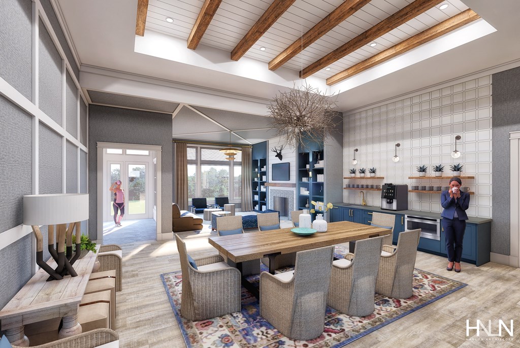 a rendering of a living room and dining room with a table and chairs