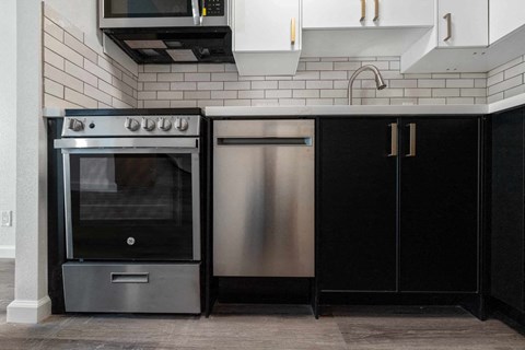 a kitchen with stainless steel appliances and black cabinets