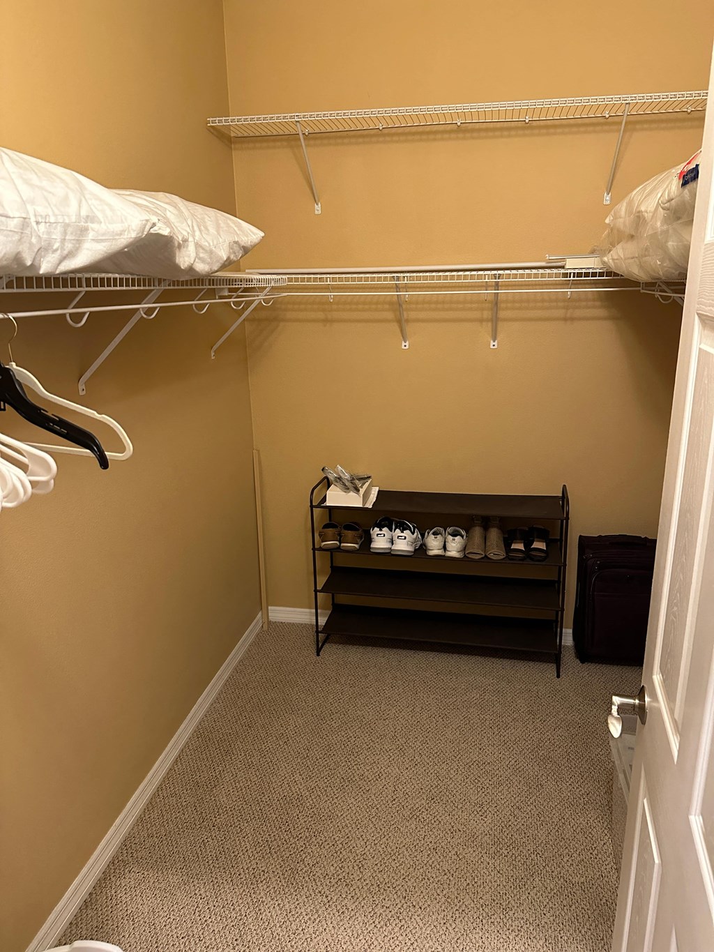 a walk in closet with a shoe rack in it