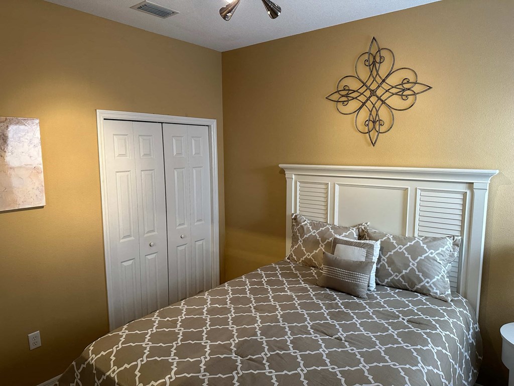 a bedroom with a bed and a closet