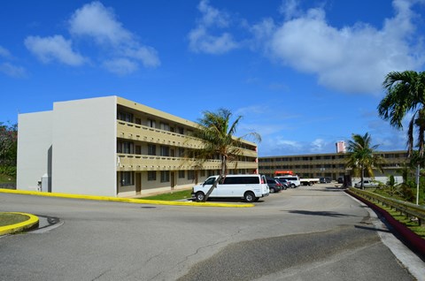 a building with cars parked in front of it and palm trees