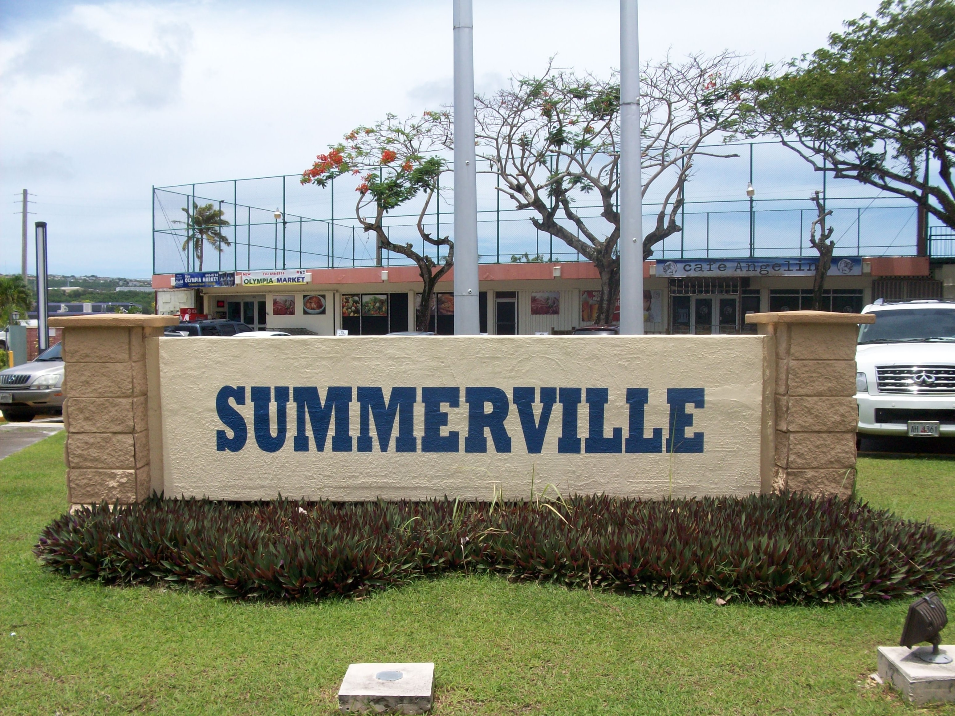 A sign that says Summerville in blue letters on a brown background.