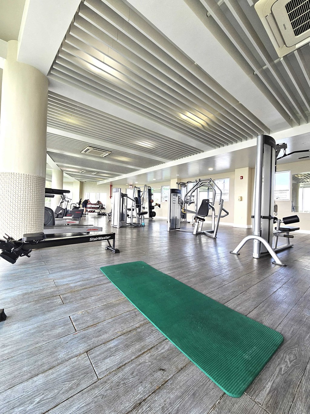 A gym with a green mat in the foreground.