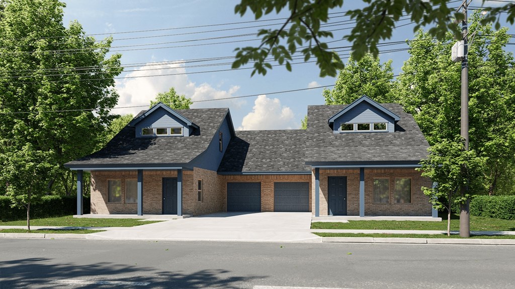 a rendering of a brick house with a gray roof and a driveway