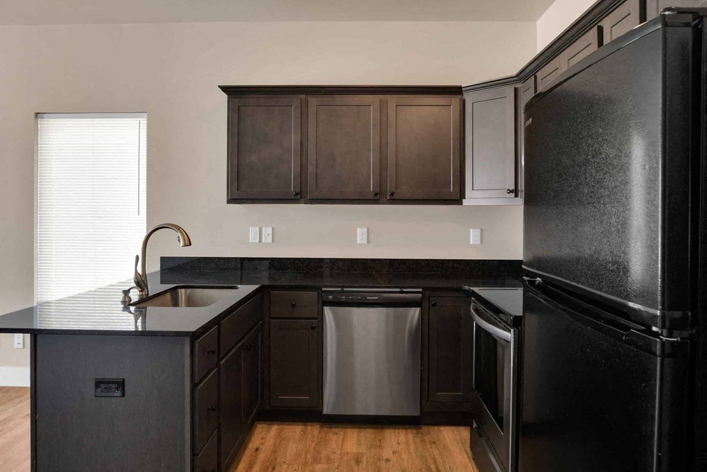 a kitchen with black cabinets and a sink and a refrigerator
