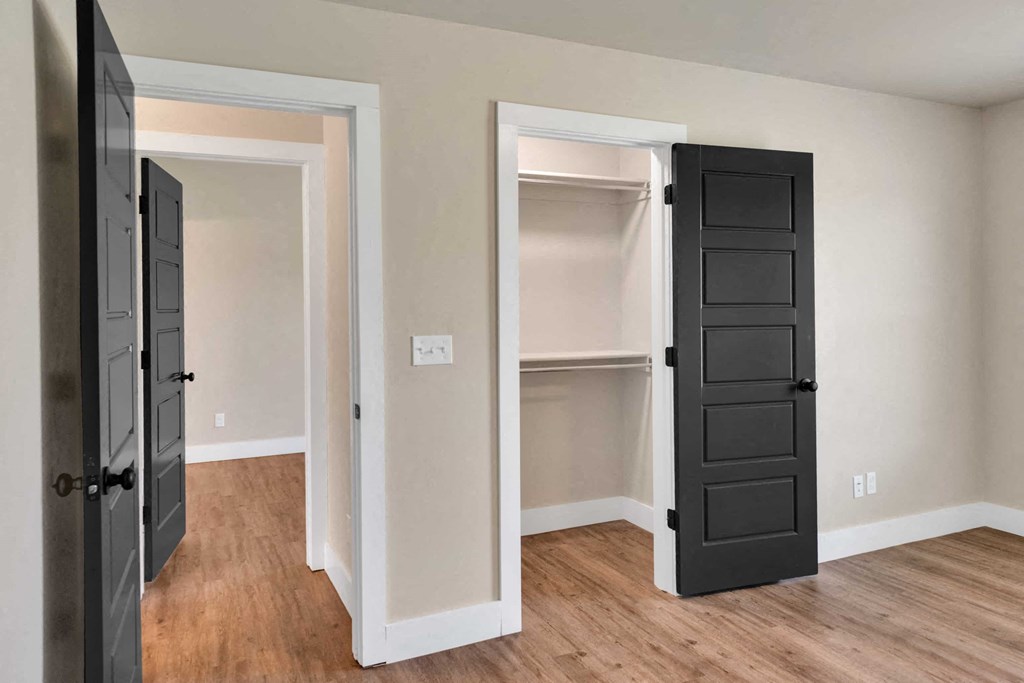 a room with an open closet and a wooden floor and black doors